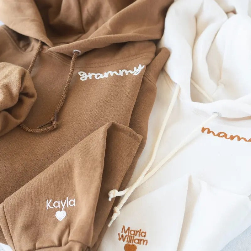 Custom Collar and Sleeve Embroidered Hoodie, Embroidered Mom mama Grandmother Hoodie with Kids Names Kids Names, Personalized Embroidered