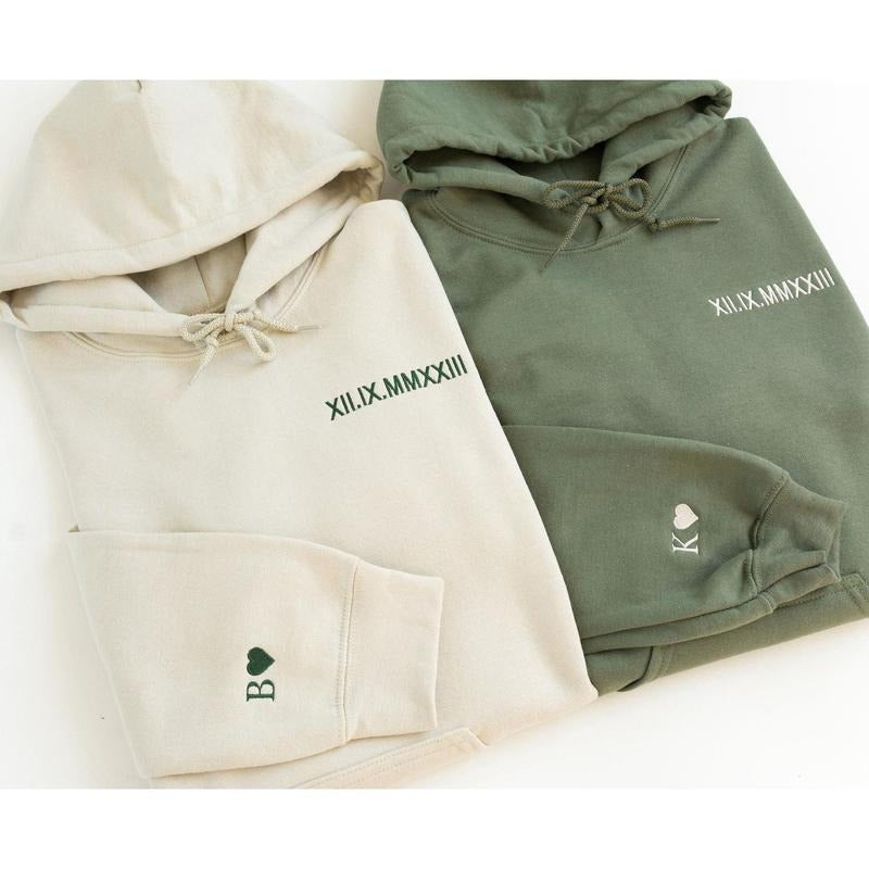 Custom Embroidered Roman Numeral Hoodie - Couples Gift - Personalized Gift Date Hoodie Initial on Sleeve - Engagements, 1st Anniversary gift