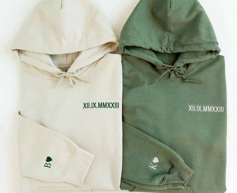 Custom Embroidered Roman Numeral Hoodie, Couples Sweatshirt, Valentine Gift For Boyfriend Girlfriend, Personalized Hoodie Initial on Sleeve, Engagements
