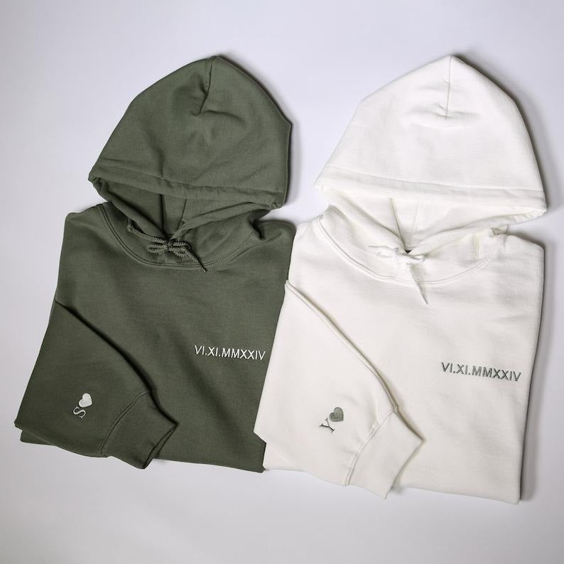 Custom Embroidered Roman Numeral Hoodie, Personalized Matching Sweatshirt, Customized Date And Initial Outfit On Sleeve, Bachelorette Gifts
