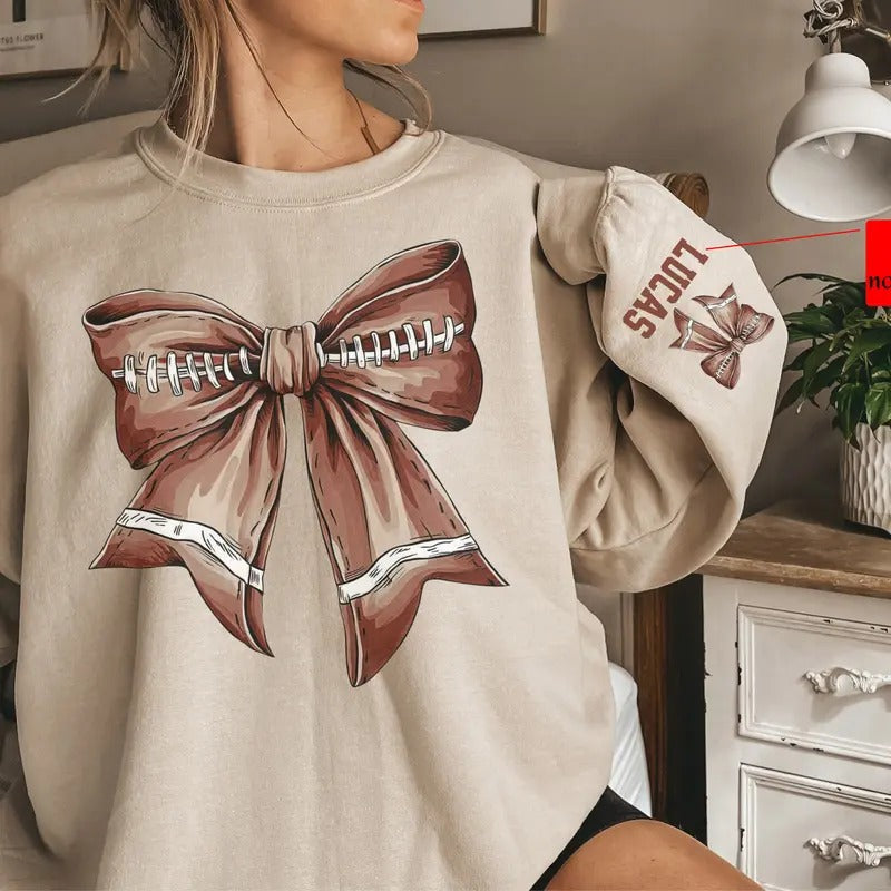 Custom Football Coquette Sweatshirt, Football Mom Shirt, Sleeve Design Shirt college hoodie Cotton Fit Top Womenswear Embroidered Flat