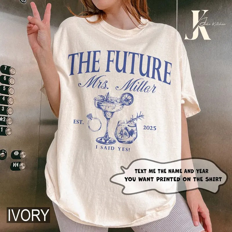 Custom Future Mrs Shirt for Bride to Be Engagement Party Gift Casual Unisex Crewneck Half Sleeve Polyester Fabric T-Shirt
