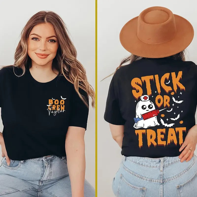Custom Ghost Nurse Halloween Shirt, Stick Or Treat Shirt, Spooky Nurse Phlebotomy Tech Halloween Nurse Shirt, Hospital Halloween Party Shirt
