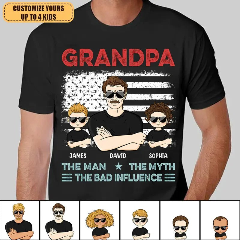 Custom Grandpa The Man The Myth The Bad Influence Father Shirt, Father's Day Shirt, Gift For Dad, New Dad Shirt, Custom Shirt