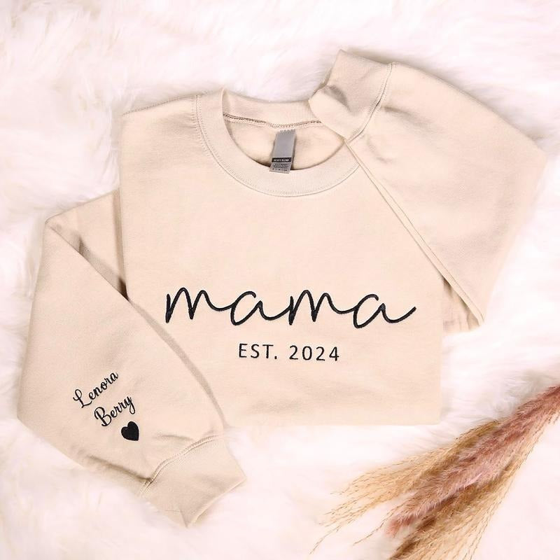 Custom Mama Embroidered Sweatshirt With Names On Sleeve, Personalized Mom Embroidery Hoodie, Birthday Mommy Shirt, Pregnancy Gifts, Christmas Gift, New Mom Sweater