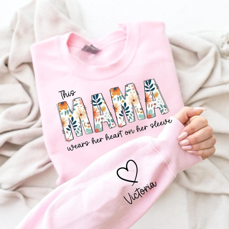 Custom Mom Sweatshirt Kids Name On Sleeve, Mothers Day Gift For Grandmom, Wear Her Heart On Her Sleeve