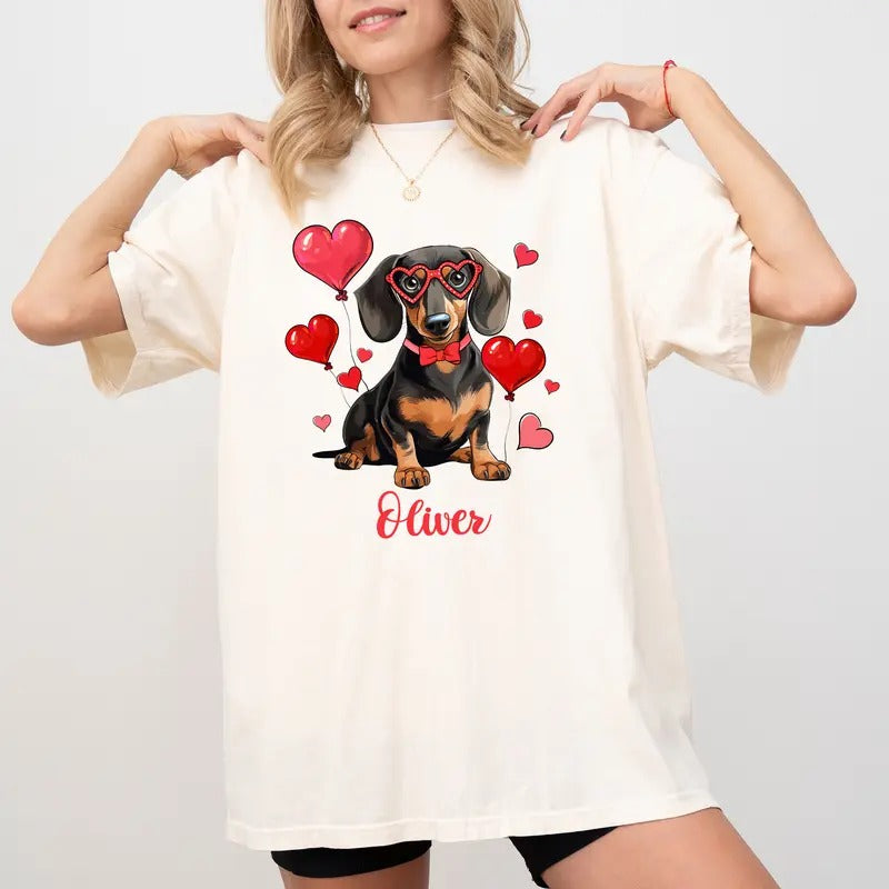 Custom Name Dachshund Comfort Colors Shirt, Personalized Sausage Dog Valentine T-shirt, Love Themed Weiner Dog Tee, Personalized Shirt For Dog Mom