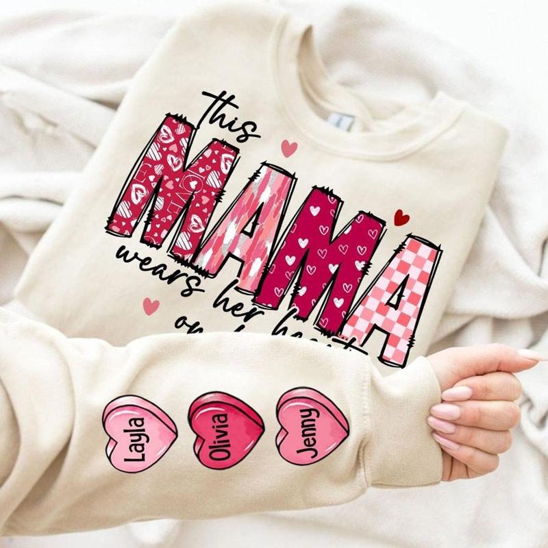 Custom Name On This Mama Loves Her Hearts On Her Sleeve T-shirt, Sweatshirt, Hoodie, Custom Kids Name Shirt, Valentine Candy Heart Shirt, Mama Valentine Shirt