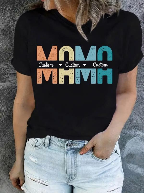 Custom Name Print T-shirt, Customizable Mother'S Day T-Shirt , Short Sleeve Crew Neck Casual Top For Summer & Spring, Women's Clothing
