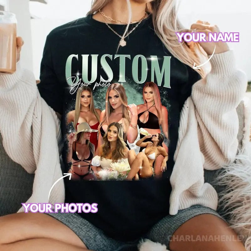 Custom Photo Bootleg Girlfriend 6 Face 90s Retro Vintage Shirt Sweatshirt, Shirt with Face on It for Boyfriend Birthday Gift, Pictures Tee for Couple