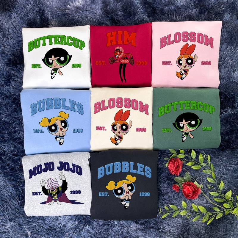 Custom Powerpuff Girls Embroidered Sweatshirt - Blossom, Bubbles, Buttercup Embroidered Sweatshirt, Gift For Friend