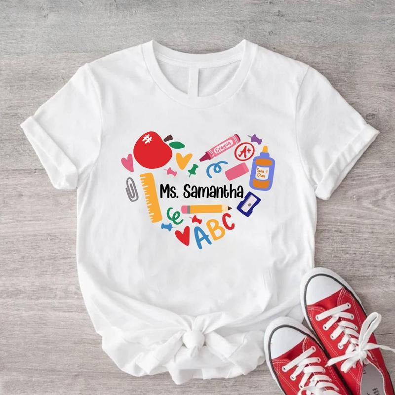 Custom Teacher Shirt, Personalized Heart Teacher's Day T-shirt, Valentine Teacher Gift Tee, Customized Teacher Name Short Sleeve, Back To School Tee.