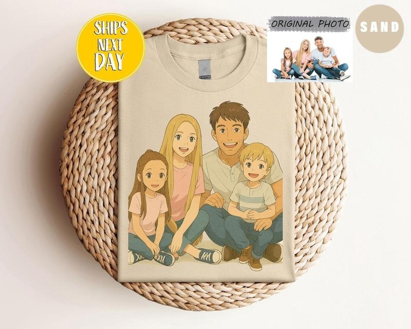 Customized Ghibli Style Art T-Shirt, Ghibli-Inspired Art from Your Photo, Personalized Gift for Anime Lovers, Cartoon Family Drawing