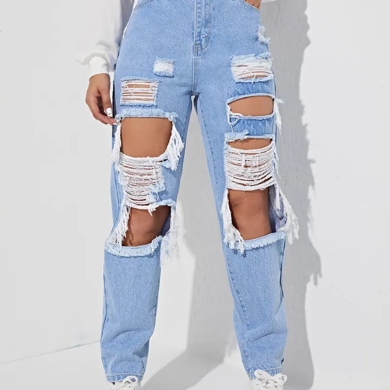 Cut Out Ripped Denim Pants High Waist Zipper Carrot Jeans with PocketY2K
