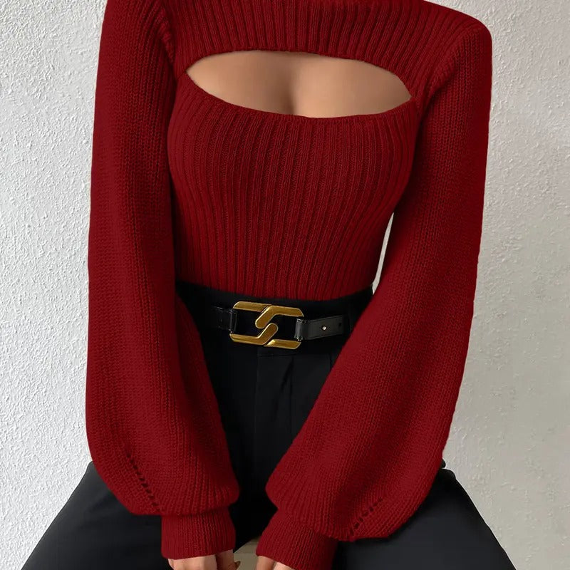Cut Out Turtleneck Sweater Slim Fit Eyelet Detail Rib Knit Bishop Long Sleeve Tops Pullover Sweaters
