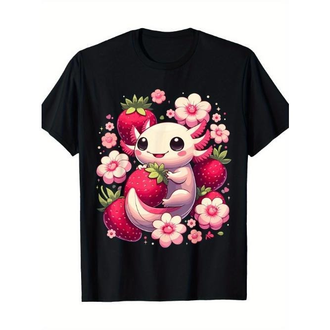Cute Axolotl Kawaii Anime Axolotl Strawberry T-Shirt Made in USA