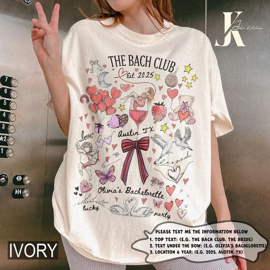 Cute Bachelorette Shirt, Cocktail Social Club Shirt, Custom Name Location Bridal Party Shirt, Fun Bach Club Tee, Lovely Pink Red Bow Tee Hearts Crewneck Top