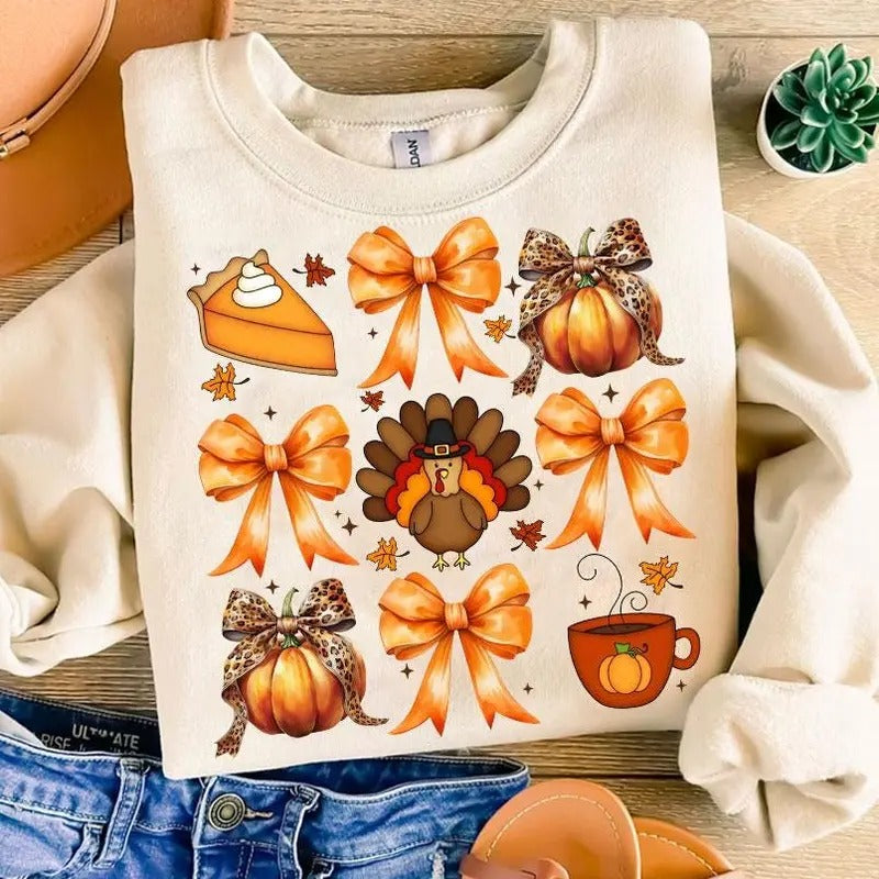 Cute Coquette Bows Turkey Pumpkin Pie Shirt, Thanksgiving Pumpkinball T-Shirt, Pumpkin Spice Thanksgiving Sweatshirt, Holiday Fall Clothing, Unisex