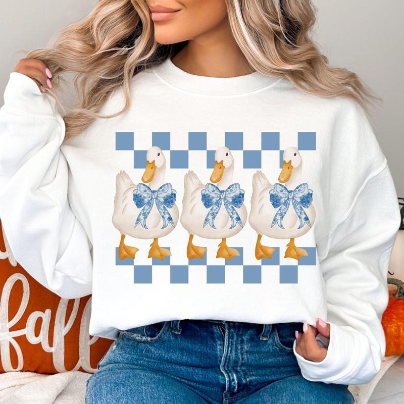 Cute Coquette Goose Shirt, Goose Lover Blue Toile Coquette Bow Tee, Checkered Girly Goose Sweatshirt