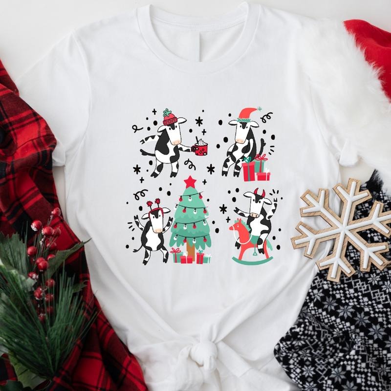 Cute Cow T-Shirt, Farmer Tee For Christmas Party, Unisex Cow Lovers Gift Xmas Shirt, Farm Animal Lover Short Sleeve.