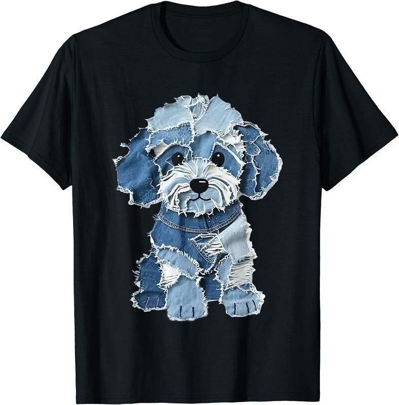 Cute Dog Denim Patchwork Art T-Shirt | Unisex Cotton Tee Gift, Crewneck, Short Sleeve