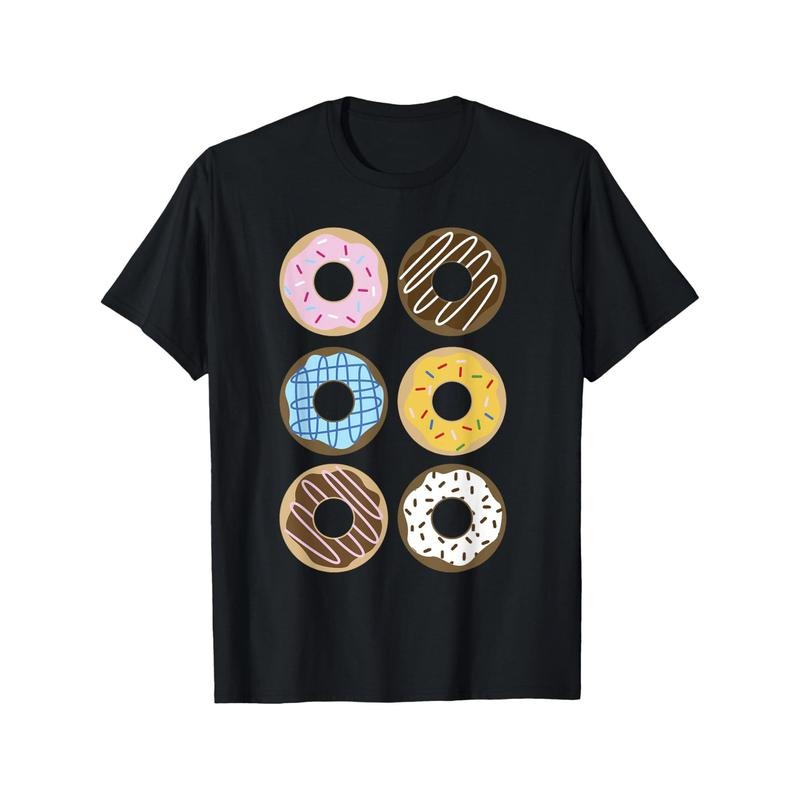 Cute Donut Shirt, 6 Fun Doughnut Designs Foodie Baker Gift Men's T-shirt Funny pattern, Casual and comfortable round neck cotton short sleeve, four seasons can wear 220g made in usa