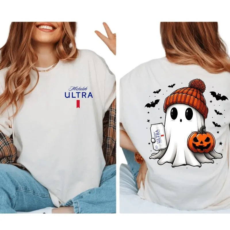 Cute Ghost Michelob Ultra Shirt, Funny Spooky Shirts, Pumpkin Shirt, Halloween Party Shirt, Fall Ghost Shirt, Halloween Shirt, Pumpkin Halloween Shirt, Unisex Classic Cotton Tee with 2 Sided Graphic Print in All Sizes, For Women, For Men