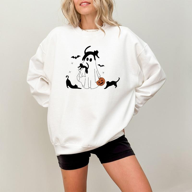 Cute Ghost Black Cats Halloween Shirt, Cute Black Cat Sweatshirt, Ghost With Black Cats Sweater, Halloween Sweater, Spooky Cat Mom Fall Tee