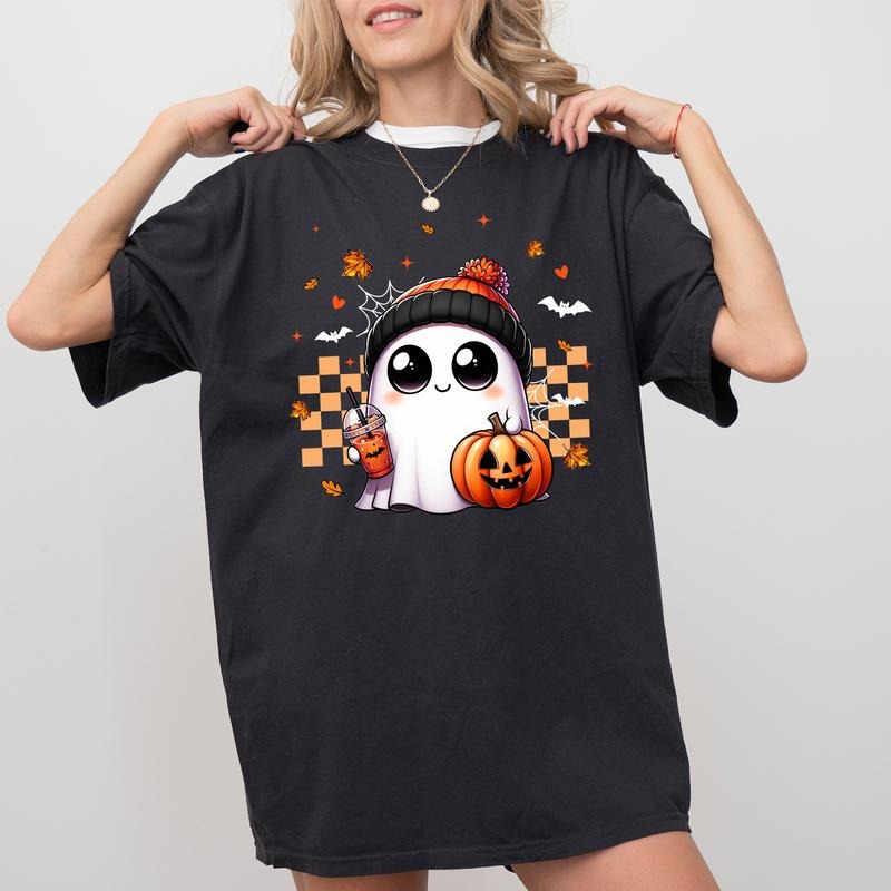 Cute Ghost Halloween Comfort Colors Shirt, Halloween Vibes Graphic Tee, Checkered Autumn Vibes Unhinged Shirt, Cute T-shirt For Women, Spooky Season Tee, Spooky Vibes Shirt, Comfy Fabric Graphic Tee, Womenswear, Cotton Fabric Relaxed Fit Chic Style