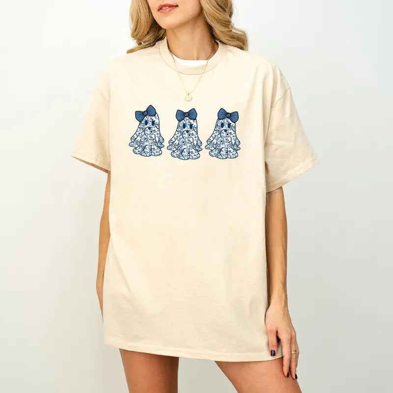 Cute Ghost Shirt, Blue Toile Boujee Ghost Shirt, Coquette Blue Floral Halloween Bow Ghost Shirt, Floral Girly Ghost Shirt