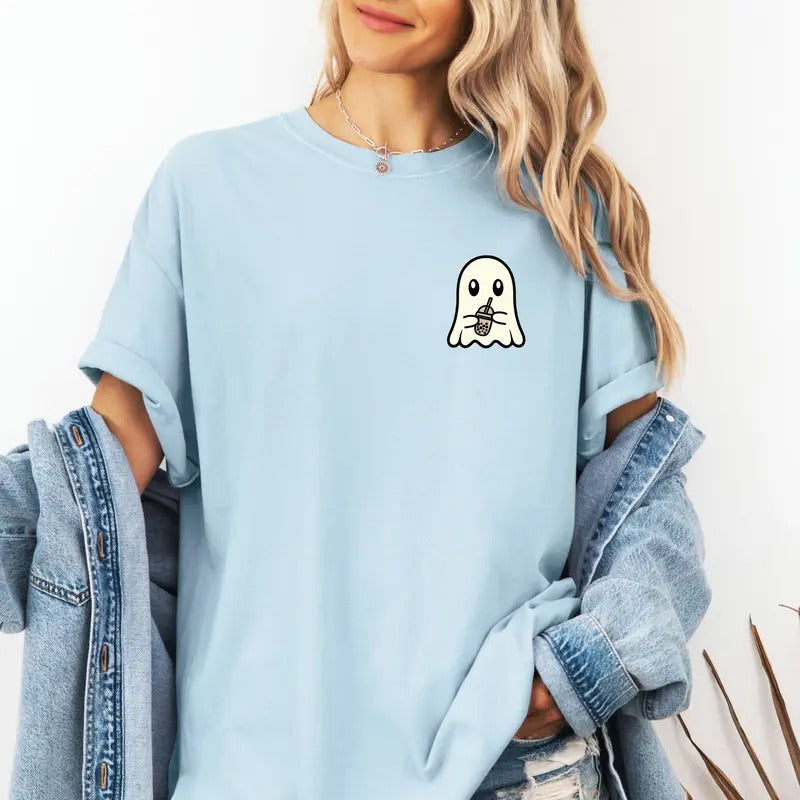 Cute Ghost with iced drink design on custom colors tee shirt Casual