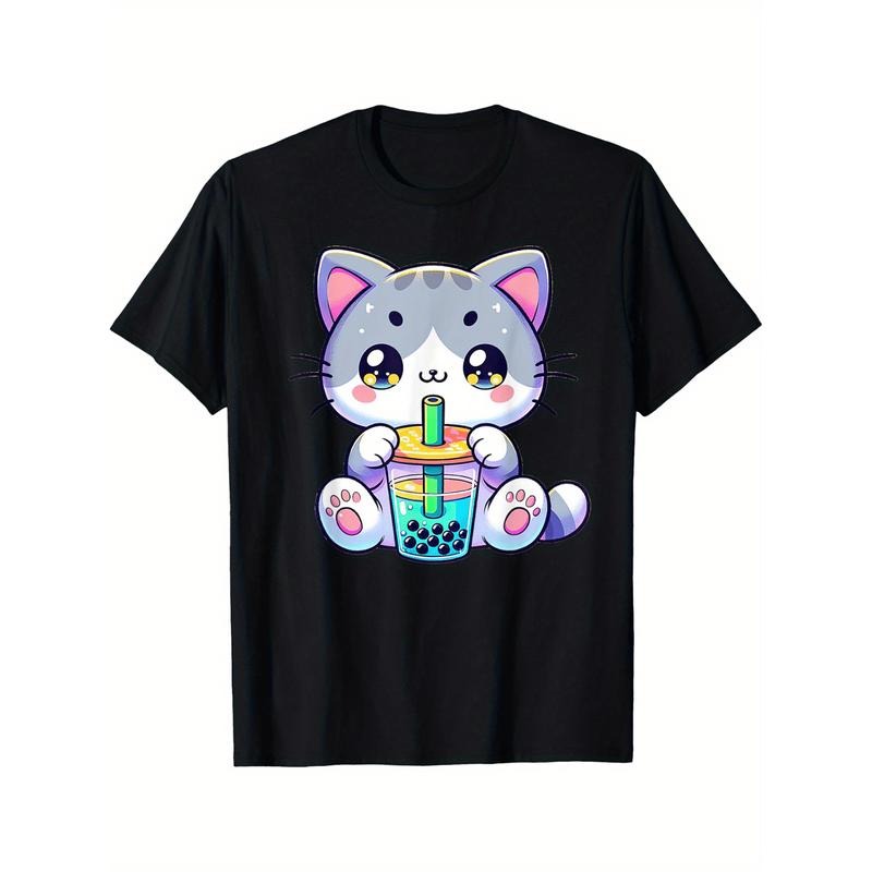 Cute Kawaii Bubble Tea Cat Japanese Kitten Anime T-Shirt Selected pure cotton interesting design DIY short sleeve t-shirt for men, soft and breathable, suitable for all seasons, comfortable, casual and sports, Halloween and Christmas gifts made in usa