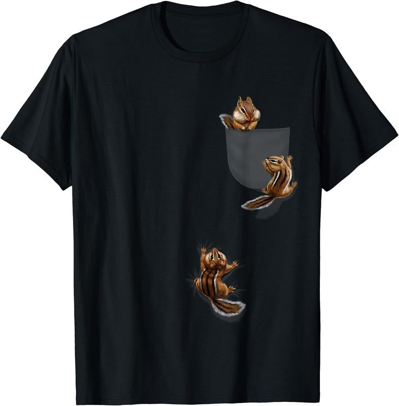 Cute Little Squirrel Playing, Climbing in Pocket, Chipmunk T-Shirt | Unisex Cotton Tee, Short Sleeve, Size S-5XL