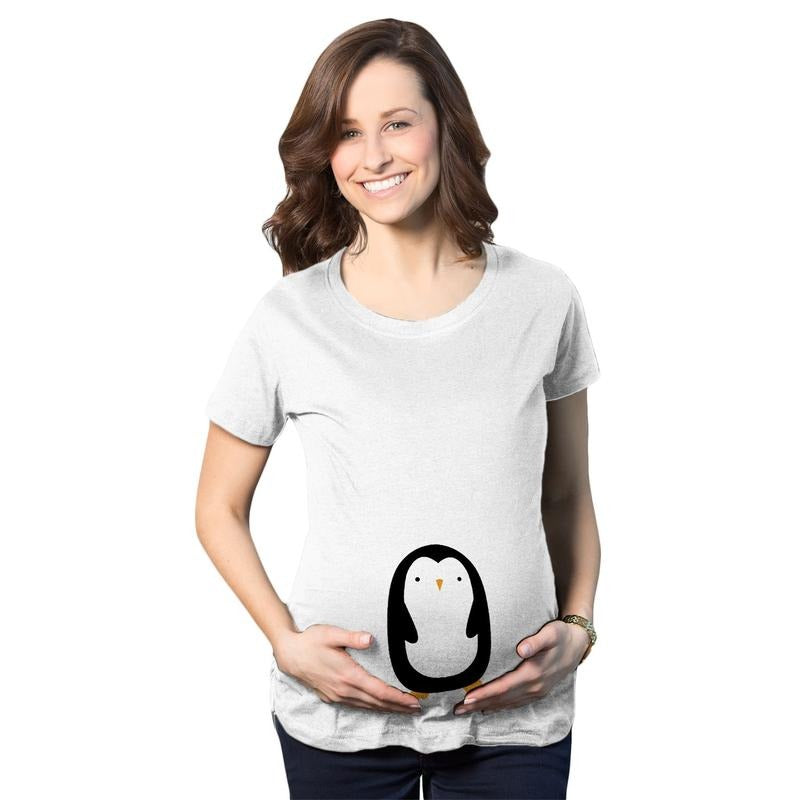 Cute Maternity Shirt Penguin Push Present for New Mom Baby Announcement Top Funny Graphic Maternity Tee Cute Pregnancy Tees With Plus White
