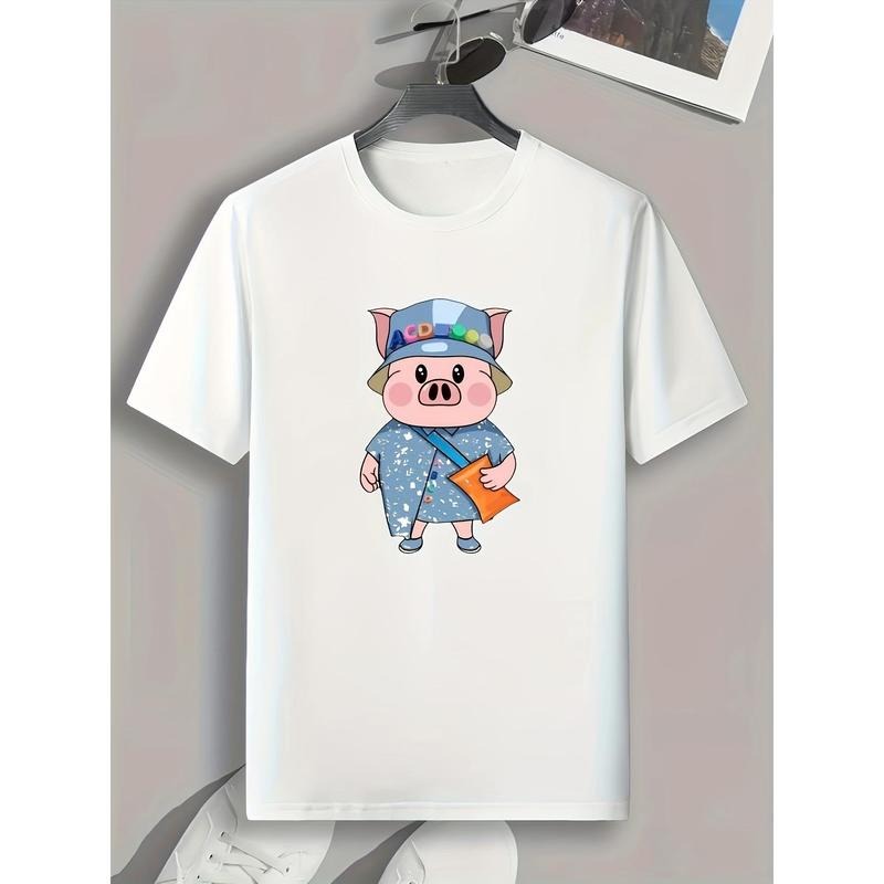 Cute Pig Print, Men's Graphic T-shirt, Casual Comfy Tees For Summer, Mens Clothing made in usa