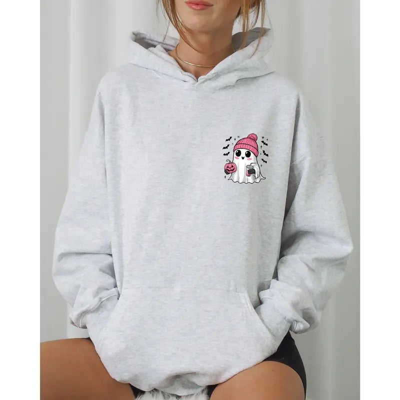 Cute Pink Ghost, Pocket Print, Halloween, Coffee, Bats Hooded Sweatshirt