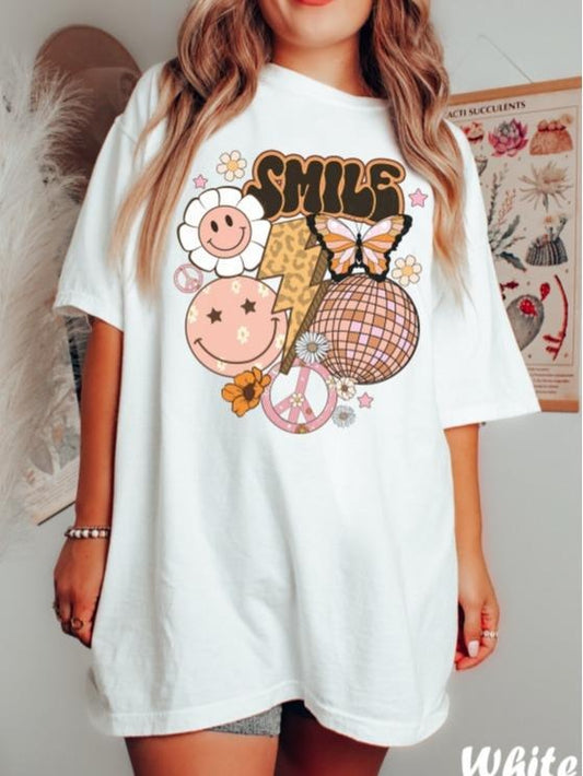 Cute Smile Shirt, Womens Tee, Smiley Face Shirts, Happy Face, Positive Vibes Tshirt, Trendy Retro Graphic Shirts Top Womenswear