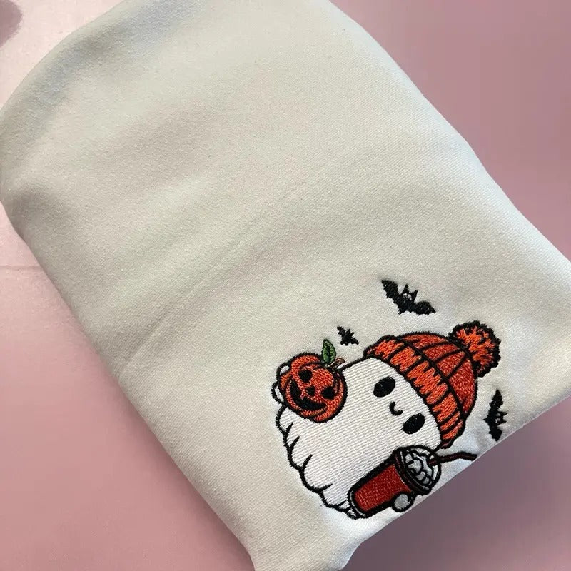 Cute pumpkin ghost embroidered sweatshirt, Halloween sweatshirt, womens sweatshirt