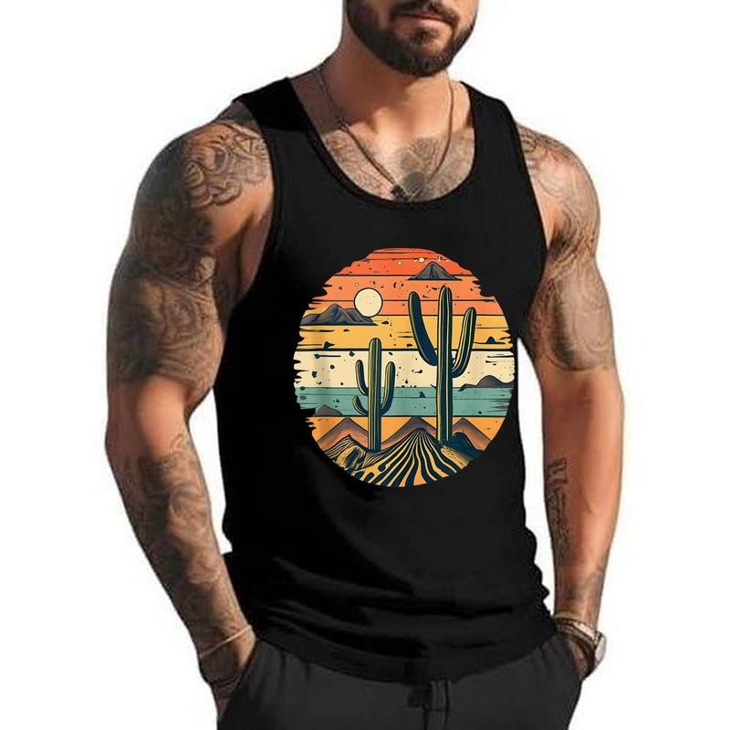 Cute vintage retro sunset saguaro cactus cacti desert plant Unisex Tank Top, Cotton, Size S-3XL