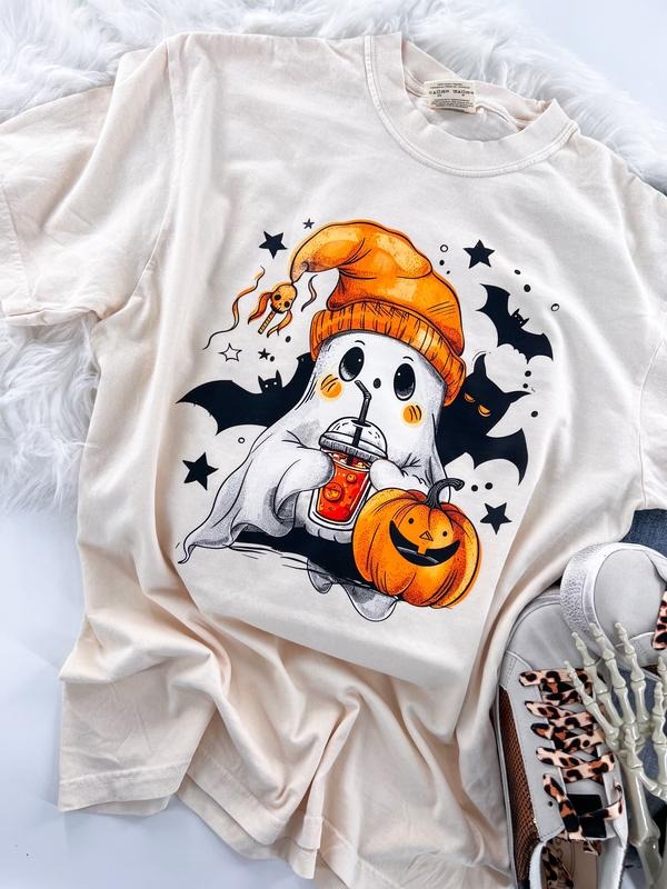 Cutie Bootootie Halloween Ghost Pumpkin Coffee Short Sleeve Graphic Tee Unisex with sleeve print T-Shirt Womenswear Crewneck Casual Tshirt Top