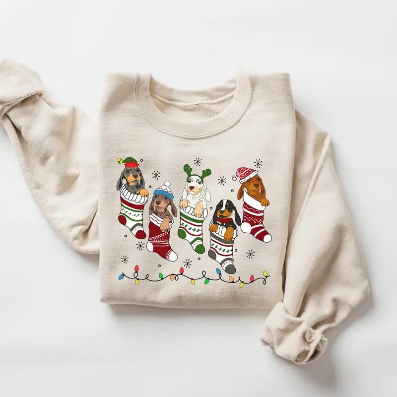 Dachshund Christmas Sweatshirt, Dachshund Xmas Shirt, Dog Lover Gift, Dachshund New Year Shirt Classic Collar Cotton Fabric
