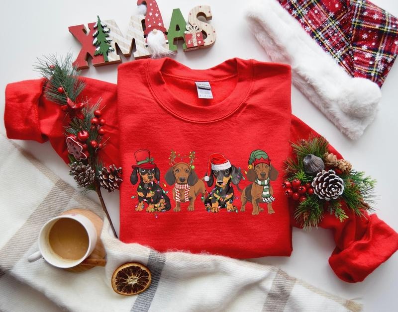 Dachshund Christmas Sweatshirt, Dog Lover Gift, Holiday Sweaters, Christmas Dachshund Hoodie, Christmas Crewneck, Dog Mom Sweatshirt, Xmas Hoodie Classic Cotton