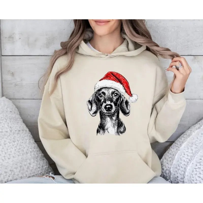 Dachshund Santa Shirt, Dog Christmas Sweatshirt, Dog Lover Hoodie, Pet Sweatshirt, Crewneck, Unisex Sweater Pullover Tee
