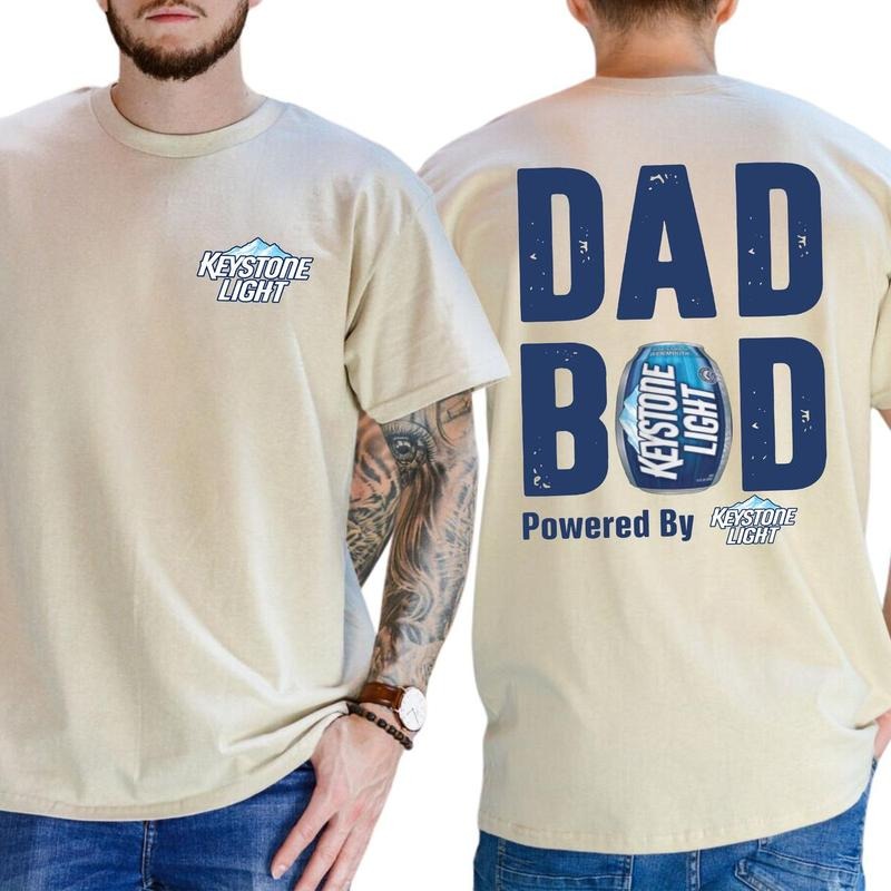 Dad Bod Powered By Keystone Light T-shirt 2-Sided, Men's Beer Drink Tee, Drinking Shirt, Funny Drink Tee for Daddy, Casual Classic Cotton Menswear Round Neck Fabric