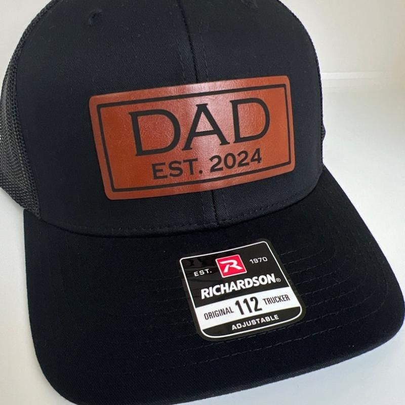 Dad Est. YEAR | Hat for new Dad |Richardson 112 leather patch trucker hat for new Dad | Dad hat pregnancy announcement gift for dad.