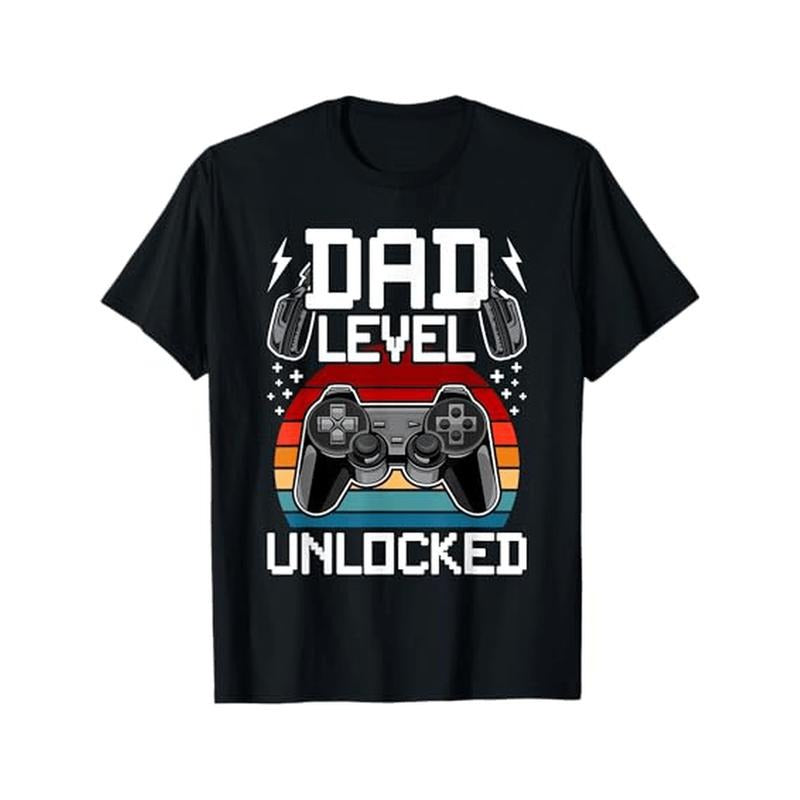 Dad Level Unlocked Gaming T-Shirt, 100% Cotton, Casual Crew Neck, Slight Stretch, All-Season Knit Fabric, Regular Fit, with Printed Video Game Controller and Sound Effects, for Adults made in usa
