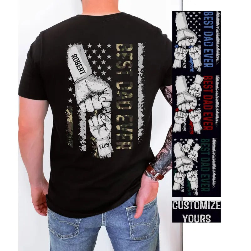 Dad Raised Fist Bump T-Shirt, Kid Names Gift For Daddy, Best Dad Ever Shirt, Dad Kids Matching Tshirt, Father's Day Gift