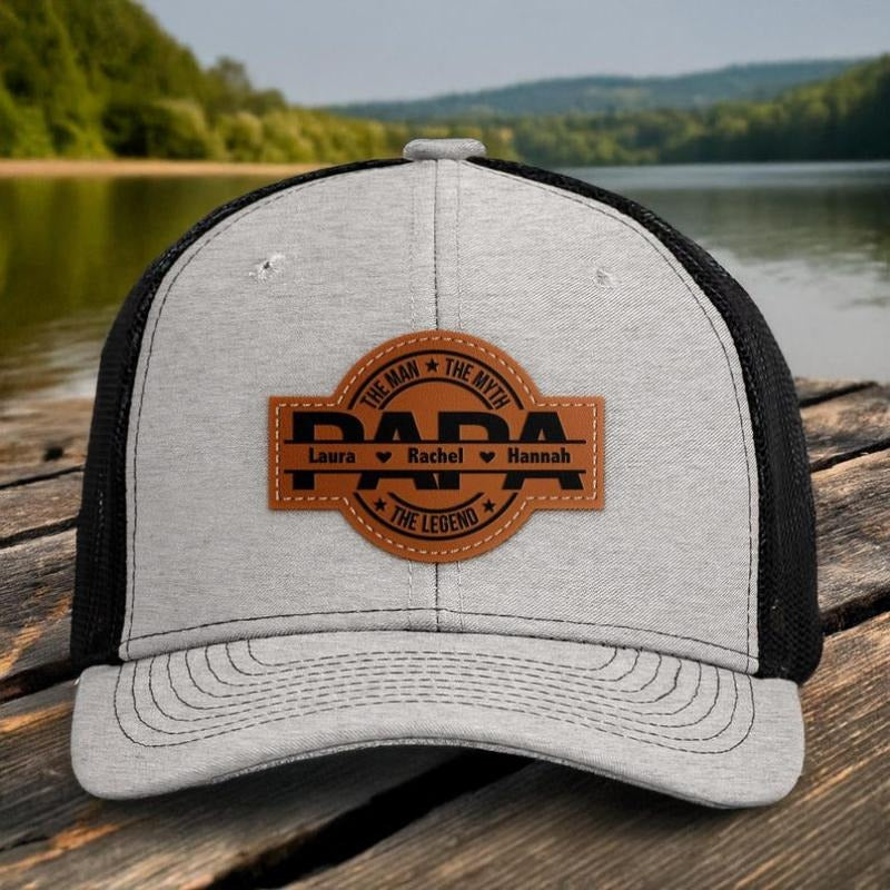 Dad, The Man, The Myth, The Legend, Personalized Leather Patch Hat, Dad and Kids Trucker Hat, Dad Hat, Fathers Day Hat, Grandpa Hat Gift