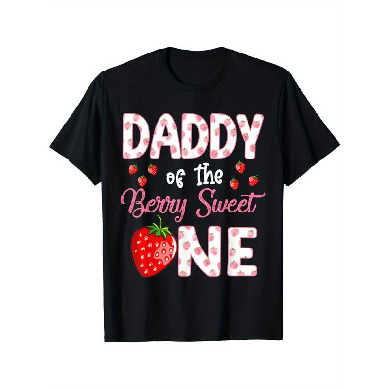 Daddy of the Berry Sweet One" Strawberry First Birthday T-Shirt - Soft Cotton, Round Neck, Machine Washable, Black with Pink Lettering and Strawberry Design, Family Event Clothing | Round Neck Tshirt | Soft Cotton Tee, Strawberry Themed Items made in usa
