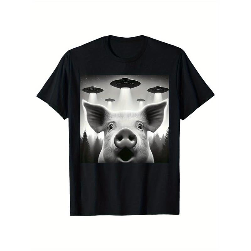 Daily wear men's crew neck T-shirt, pig print, men's cotton T-shirt, graphic T-shirt Men's outdoor wear, men's clothing made in usa